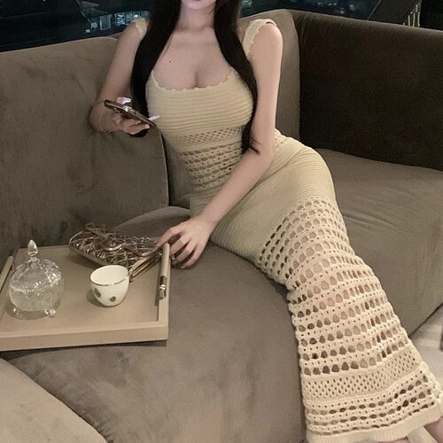 美神曲线亮丝针织性感镂空长裙