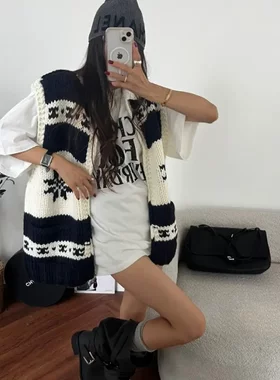 韩版ins针织提花马甲女氛围感圣诞麋鹿拉链秋冬复古宽松毛衣