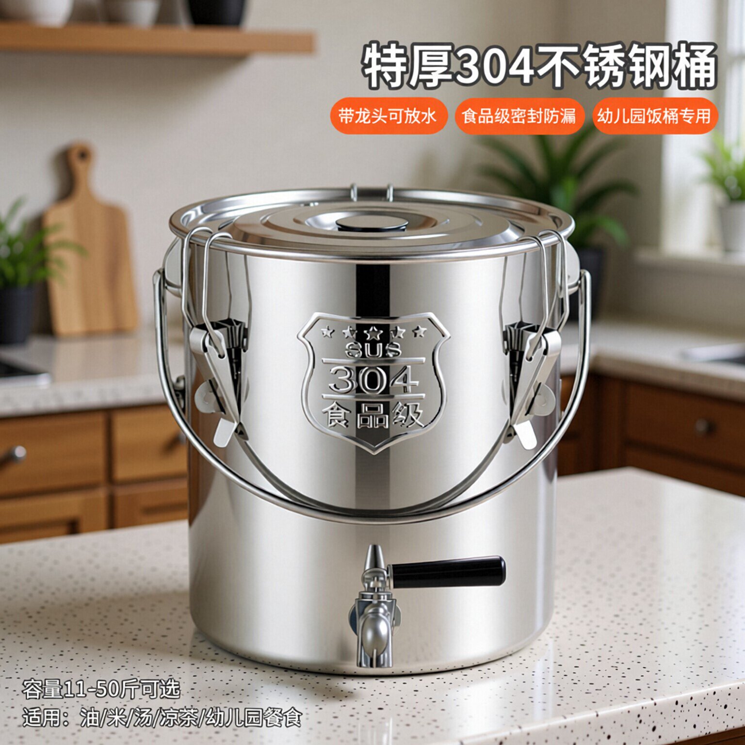 特厚不锈钢桶带304龙头水桶带扣汤桶密封米桶油桶幼儿园饭桶提桶