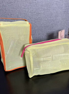 四件包邮 出口尾货 黄色网纱镂空化妆包洗漱包洗澡收纳袋 2款可选