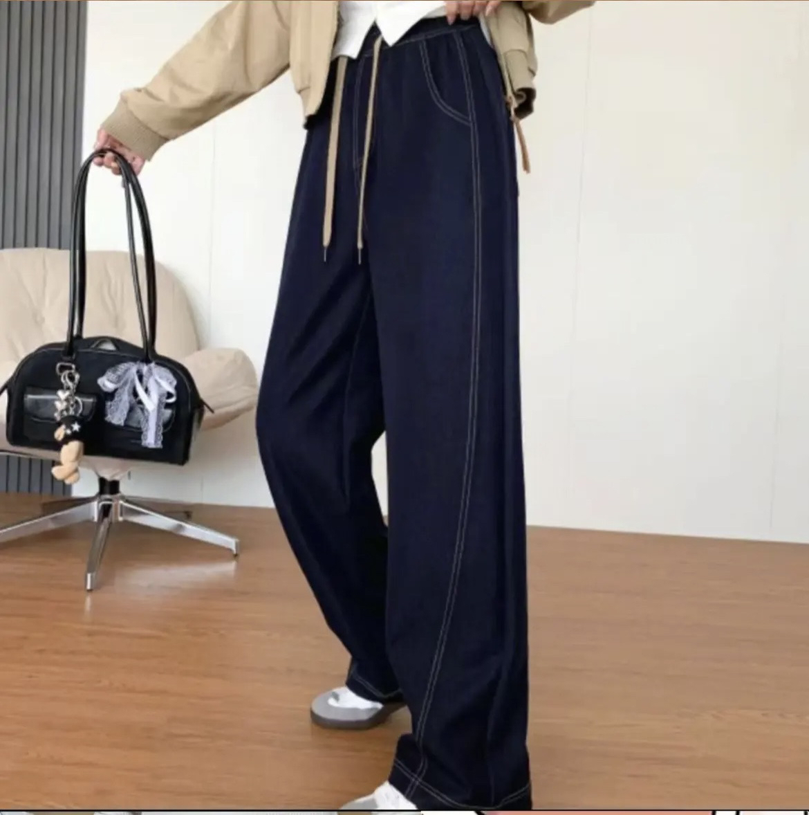 早春新款桑蚕丝丹宁蓝牛仔裤设计师款轻奢阔腿裤