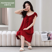 芬腾可安睡裙夏季女款冰丝凉感吊带红色本命年高级感家居服连衣裙