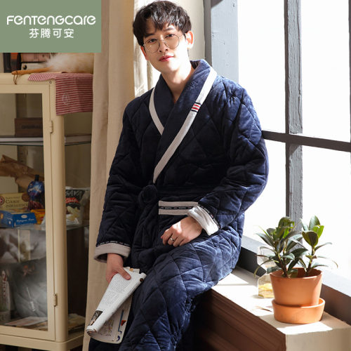 芬腾正品加厚珊瑚绒夹棉睡袍男士