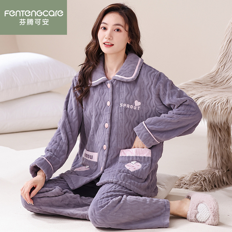 芬腾正品秋冬女法兰绒加厚睡衣