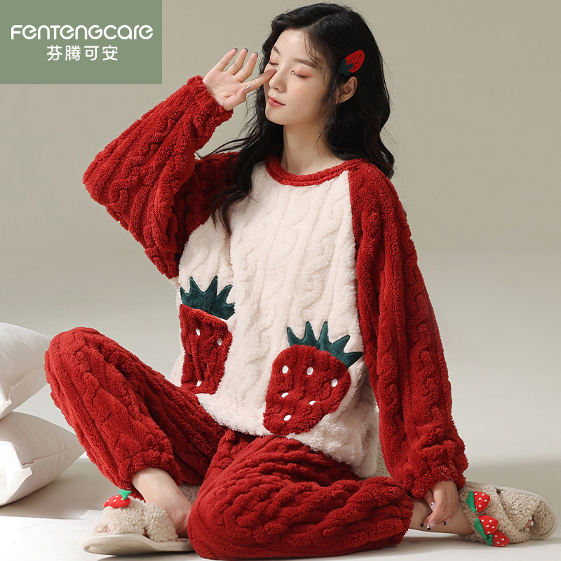 芬腾正品秋冬加厚提花绒女睡衣