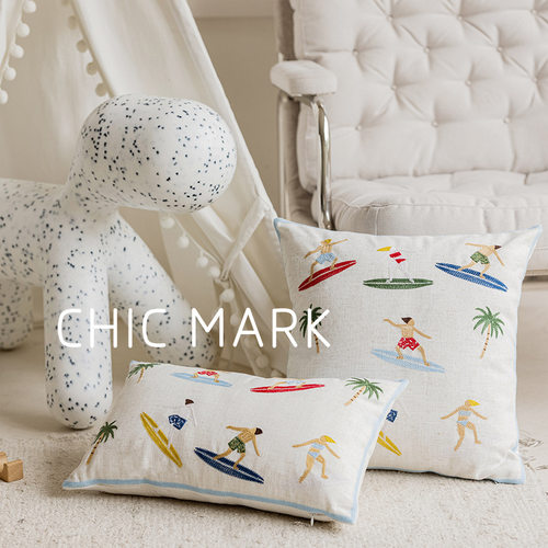 夏日海洋冲浪绣花棉质抱枕套不含芯北欧现代简约沙发客厅重工