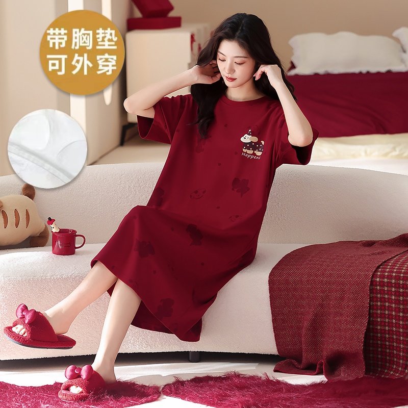 带胸垫睡裙女夏季纯棉短袖红色本命年大码卡通可爱女士睡衣家居服,女士内衣/男士内衣/家居服,睡裙,淘宝优惠券,粉丝福利购,淘宝优惠卷