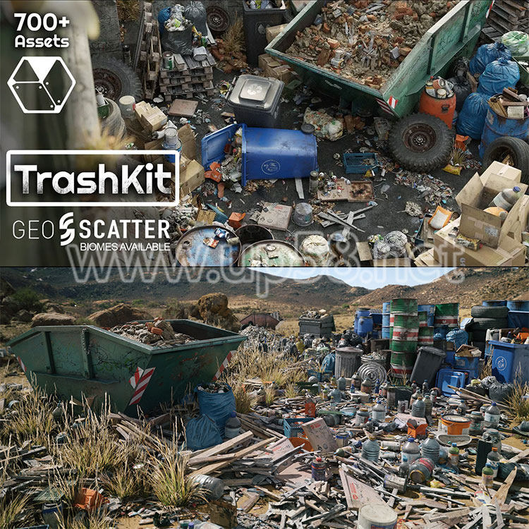 700+种Blender垃圾3D模型预设VFX游戏GeoScatter资产库+中文教程
