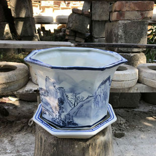 景德镇高温手绘山水八边形八角陶瓷花盆青花瓷树盆景特价包邮