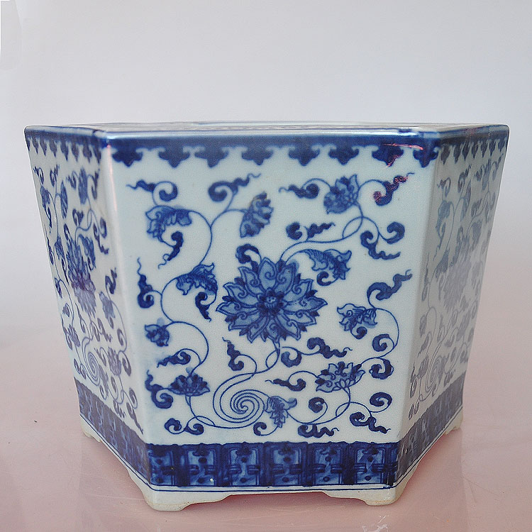 景德镇高档手绘创意古典六边形花盆栽中式青花瓷窗台装饰摆件包邮