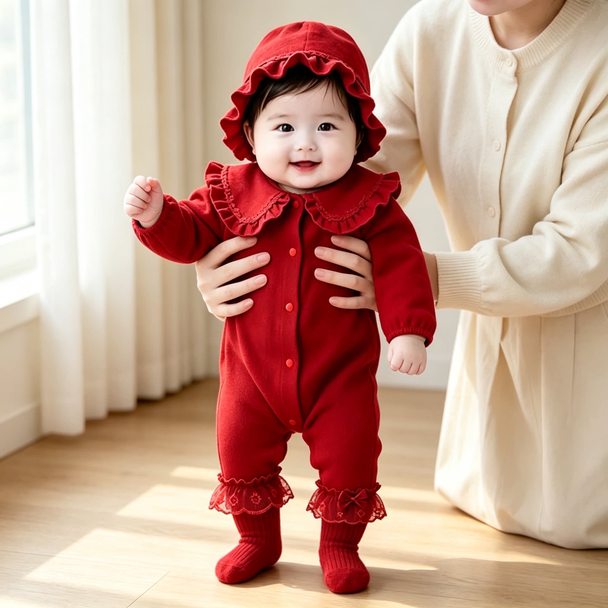 春秋女宝宝樱桃帽袜连体整套礼服图片