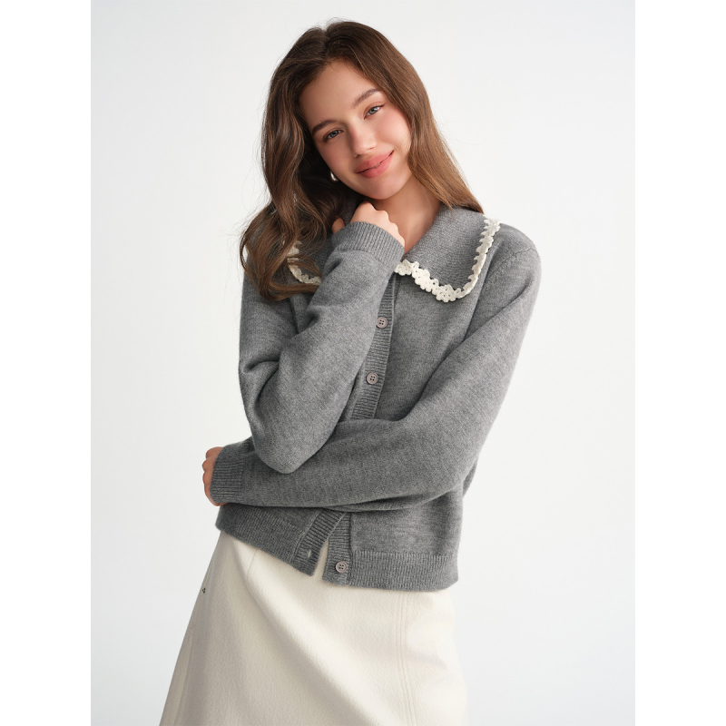 独束大码【浮雕钩花】甜美蕾丝边翻领针织开衫冬季微胖显瘦毛衣女