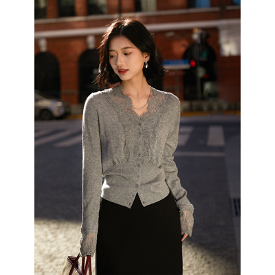 笑涵阁时髦优雅气质蕾丝V领蜂腰身段羊毛羊绒减龄针织开衫2025秋