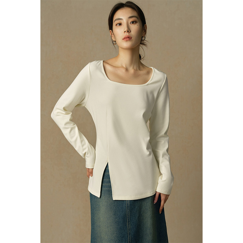 独束大码设计感内搭长袖打底衫春秋穿搭开叉显瘦T恤女