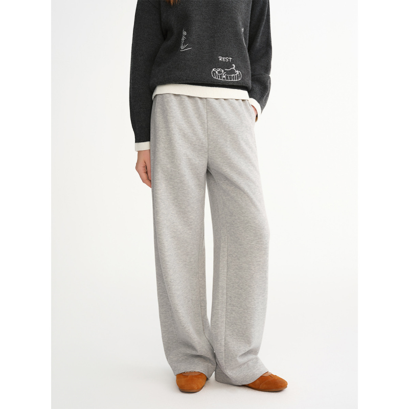 独束大码【侧缝前移】松紧腰刺绣直筒休闲裤女冬季显瘦保暖阔腿裤