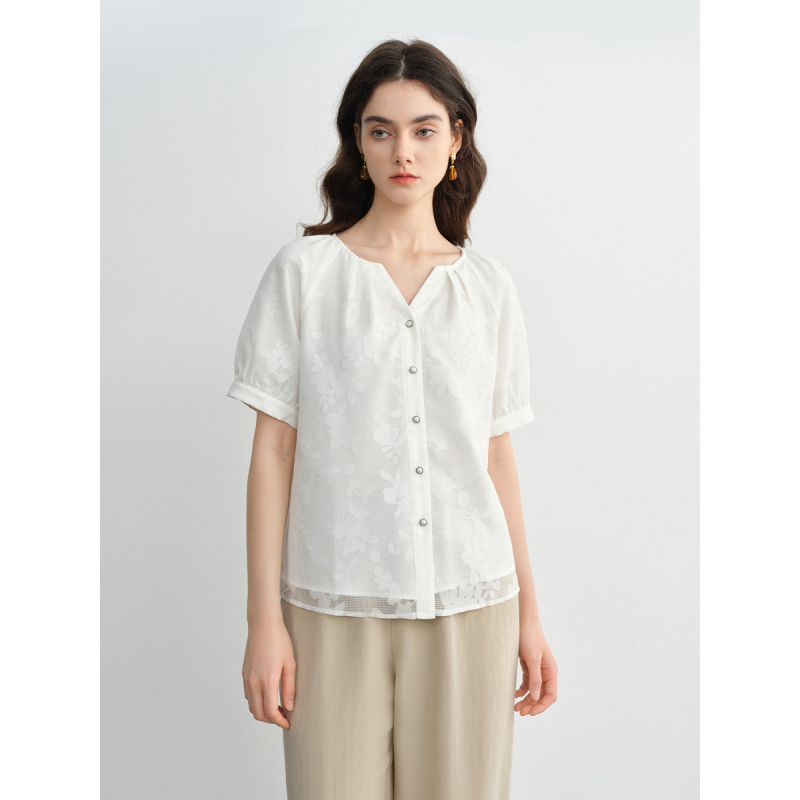 独束女装 简约大气插肩袖衬衫夏季气质通勤短袖小衫V领纯色上衣