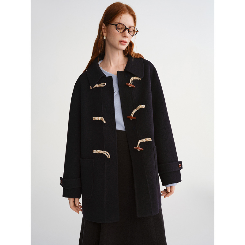 独束大码薄荷生巧一手长牛角扣羊毛呢大衣女冬季学院风毛呢外套