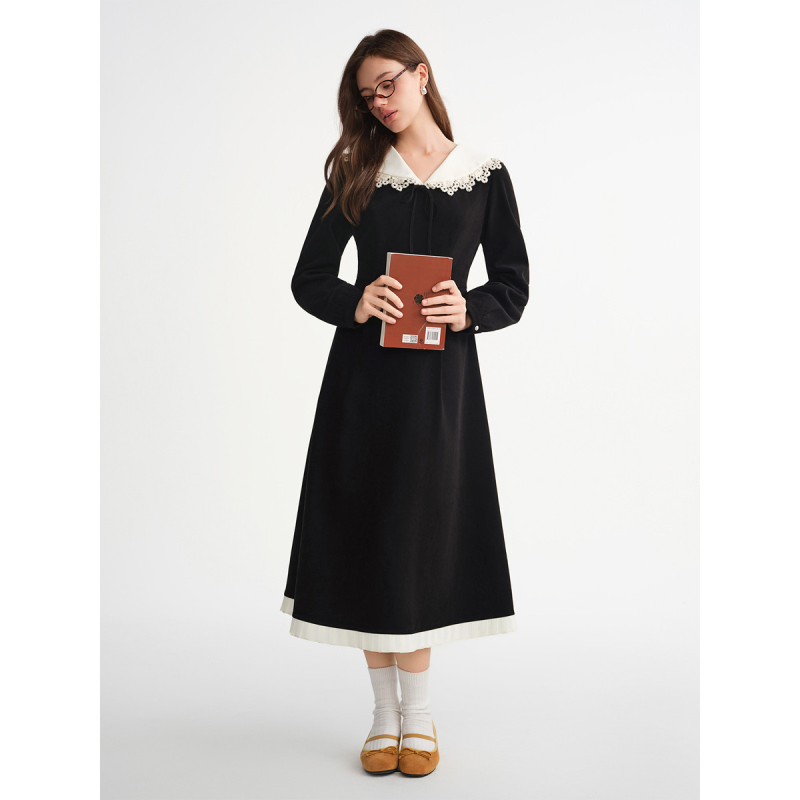 独束大码【琴房旋律】花边拼接撞色连衣裙2025冬季穿搭A字裙