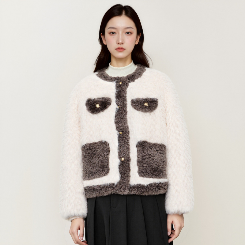 西町村屋拼色小香风短款外套女装秋冬气质毛毛上衣商场同款