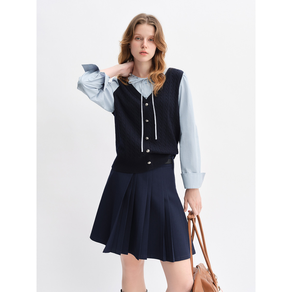 独束大码女装针织马甲拼接假两件衬衫2025秋装学院风绑带上衣