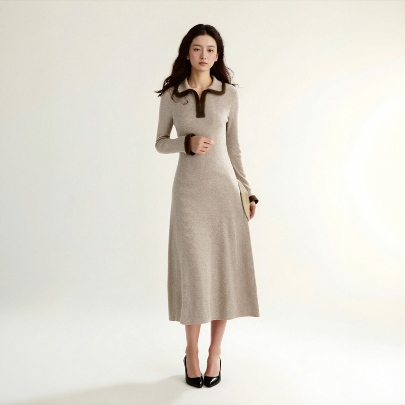 西町村屋韩系连衣裙女装冬季慵懒针织长袖翻领裙子商场同款