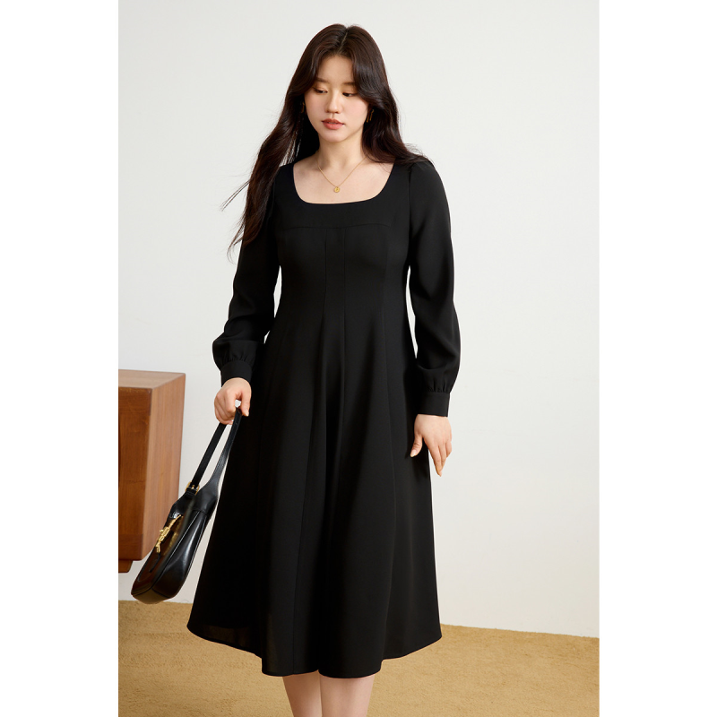 独束醋纤版长袖线雕裙大码赫本风收腰连衣裙女方U领大伞摆长裙