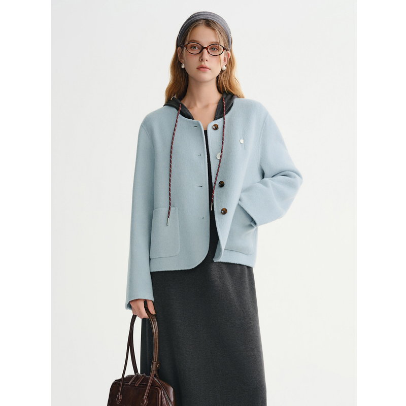 独束大码女装海盐戚风圆领短款纯羊毛呢外套气质单排扣显瘦大衣冬