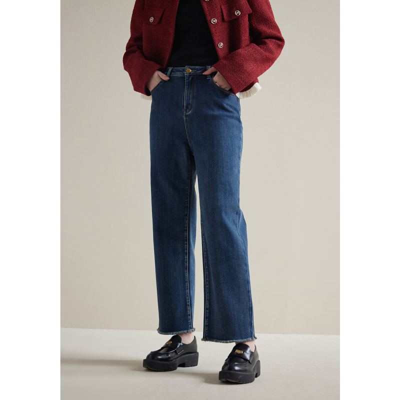 独束大码休闲百搭直筒薄绒牛仔裤秋装微胖MM高腰显瘦长裤