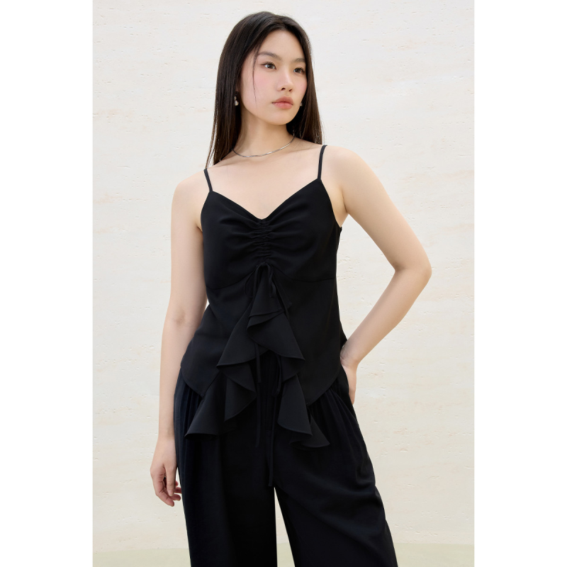 独束大码不规则荷叶边抽绳小吊带2025夏装度假穿搭背心女辣妹装