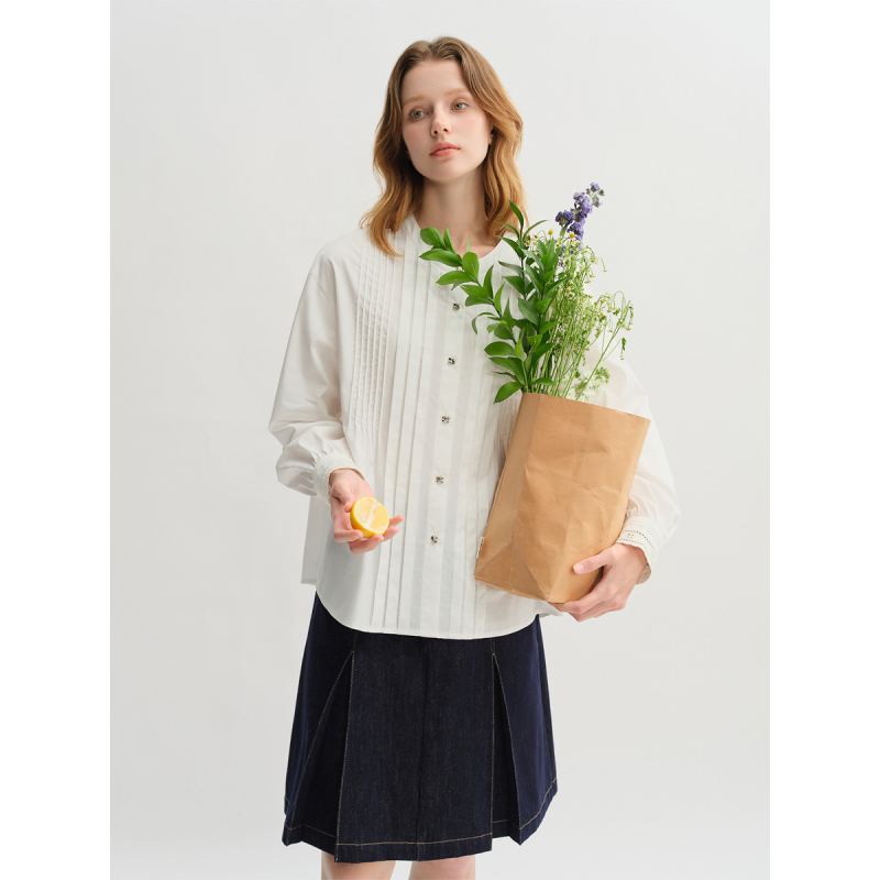 独束大码女装南法晨雾优雅通勤长袖衬衫秋2025袖口绣花圆领衬衣