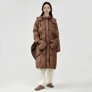 西町村屋250g+充绒量羽绒服女长款连帽保暖手套羽绒外搭商场同款