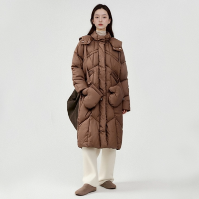 西町村屋250g+充绒量羽绒服女长款连帽保暖手套羽绒外搭商场同款