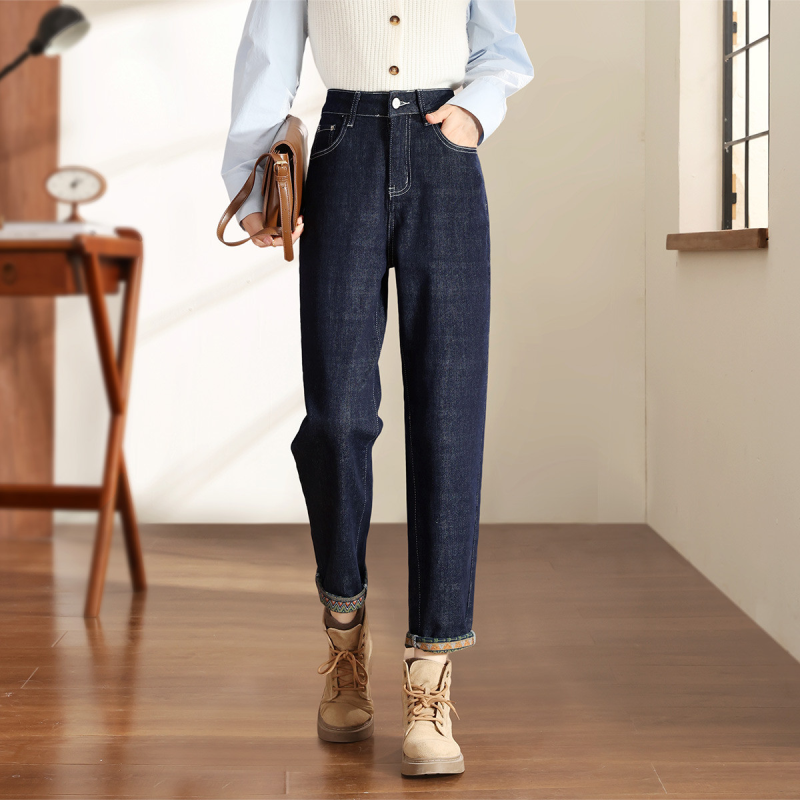 嬉皮少女卷边印花潮流垮裤25秋款竹节纹牛仔裤女显瘦九分哈伦裤女