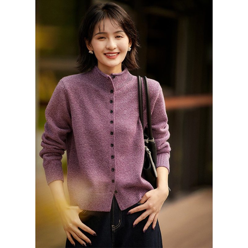 笑涵阁鸢尾花序曲法式毛衣羊毛羊绒卷边小立领针织开衫2025秋季