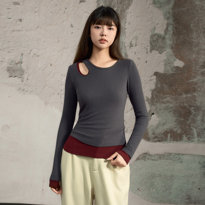 西町村屋打底衫女秋冬高级感镂空设计拼接基础款打底衫商场同款