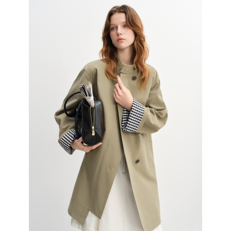 独束大码【北欧之旅】立领风衣2025秋装格纹拼接英伦风宽松外套