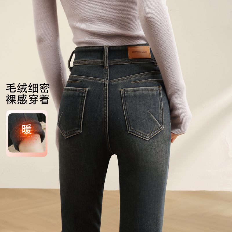 嬉皮少女暖肤仿水貂绒冬款加绒加厚小脚裤双扣修身保暖牛仔裤子