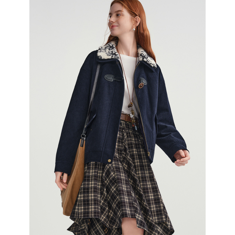 独束大码中古蓝调羊羔毛翻领灯芯绒夹棉外套秋冬女复古保暖棉服