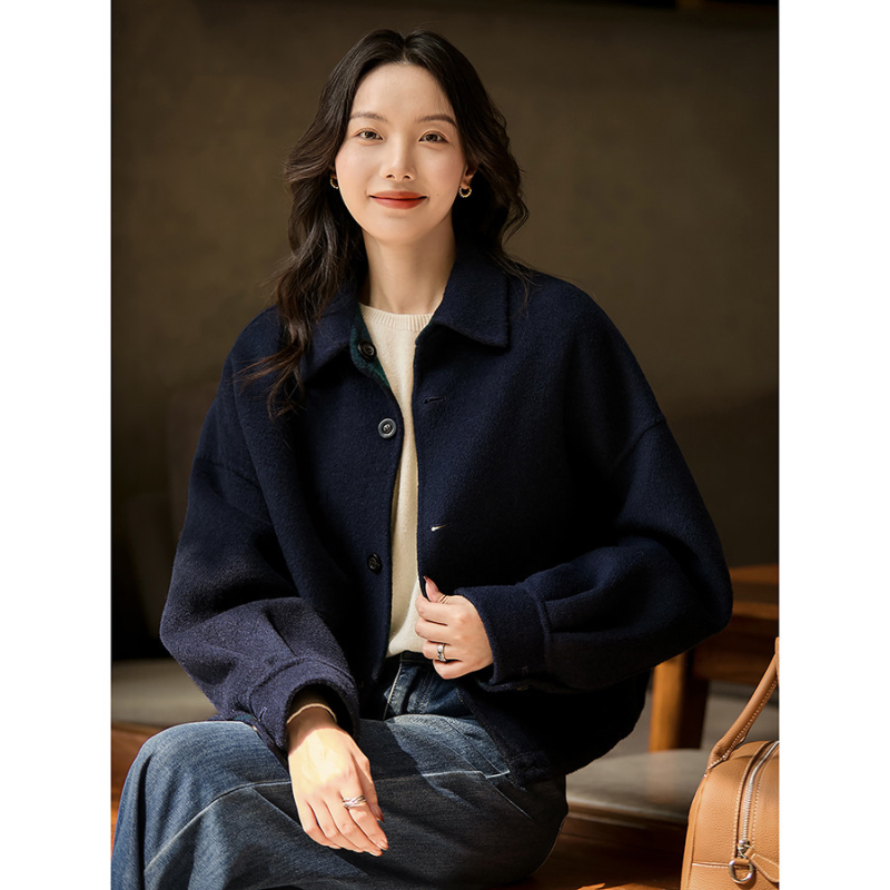 笑涵阁绵羊毛短款大衣微宽松版翻领单排扣双面穿大衣外套秋季