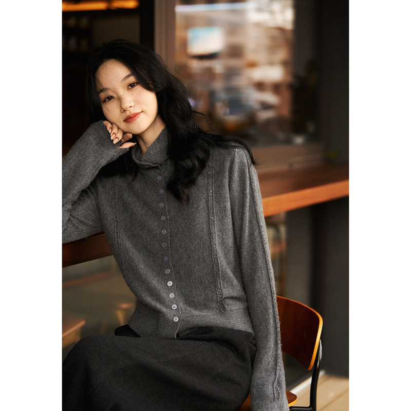 笑涵阁堆堆立领山羊绒单排扣针织上衣知性优雅羊绒衫打底衫毛衣冬