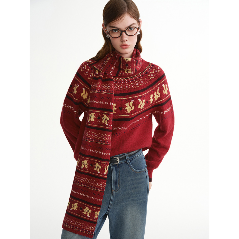 独束大码温暖岛屿围巾装饰费尔岛提花毛衣女冬季落肩袖套头针织衫