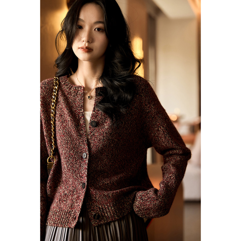 笑涵阁醇红织梦秋冬氛围感显白羊毛羊绒针织衫单排扣毛衣