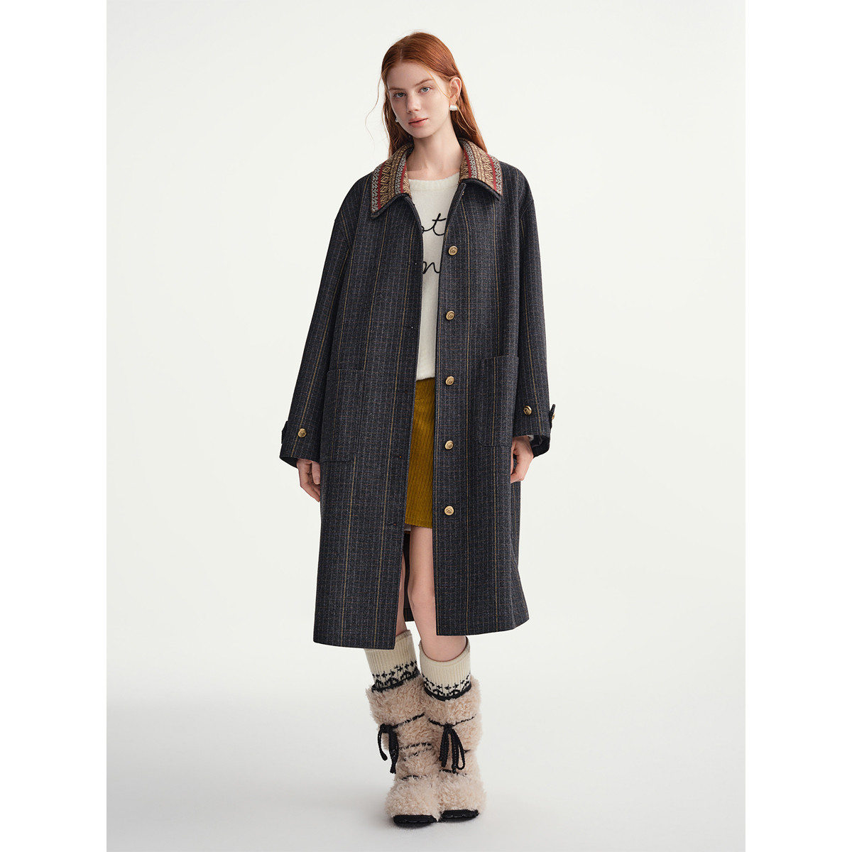 独束大码【费尔岛】复古格子大衣可拆卸单面呢长款羊毛外套