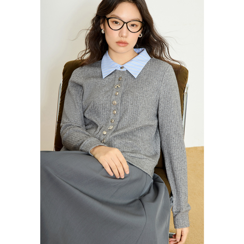 独束大码不规则假两件针织开衫女2025春季叠穿百搭显瘦长袖上衣