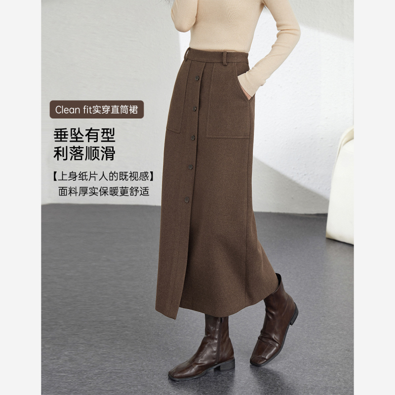 梵希蔓气质百搭长款半身裙秋冬款保暖毛呢直筒裙女
