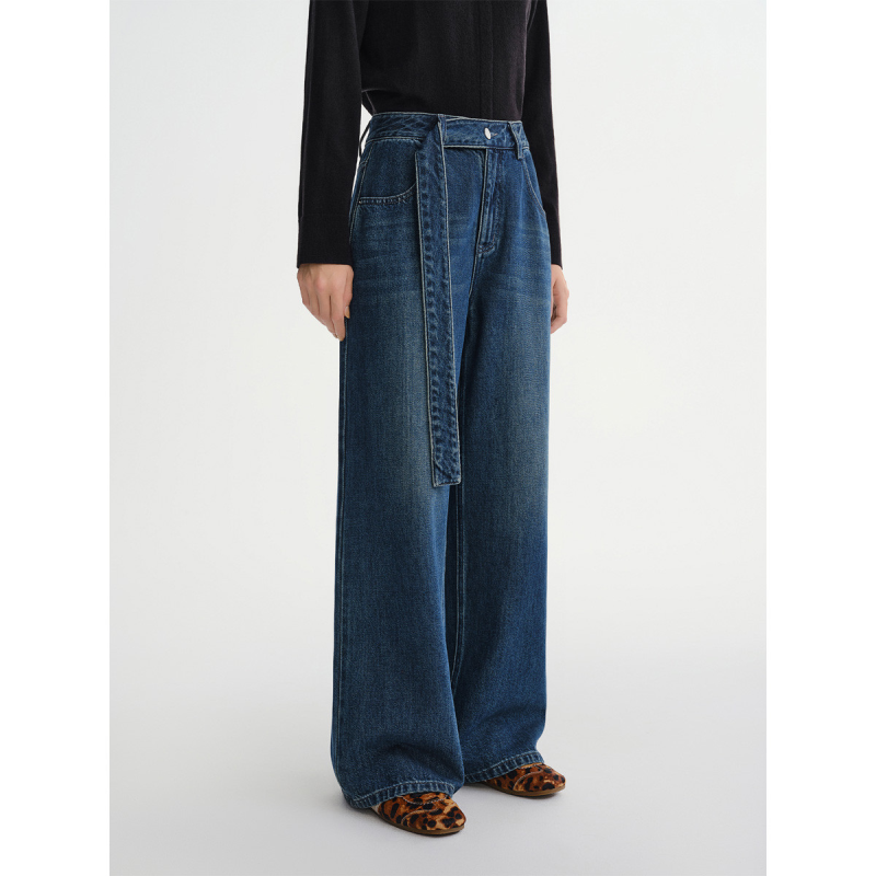 独束大码【摩登丹宁】时髦腰带阔腿牛仔裤2025冬装纯棉牛仔拖地裤