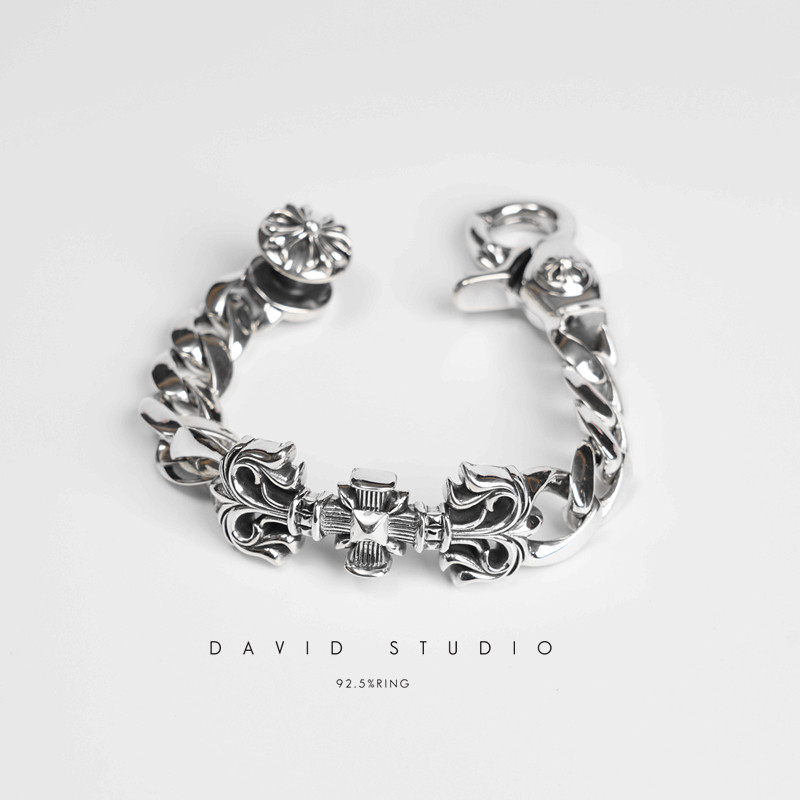 david 定制925纯银实心做旧十字架男款粗犷手链 百搭时尚手链