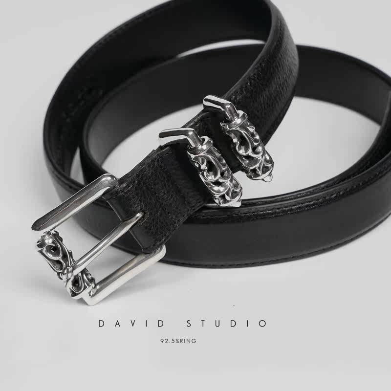 david 定制S925纯银针扣意大利进口真皮情侣男款滚轮皮带裤腰带
