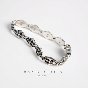 david定制S925纯银做旧十字架熏花刻字情侣手链 个性ins推荐男款