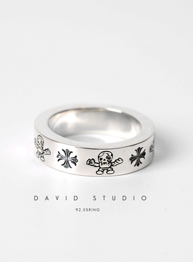 骷髅小矮人做旧戒指环纯银十字花